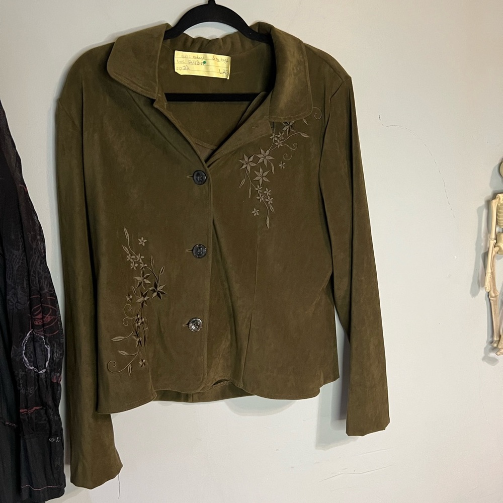 Fashion Bug Green cottage vegan suede embroidered fall blazer shirt oversize S - Picture 4 of 9